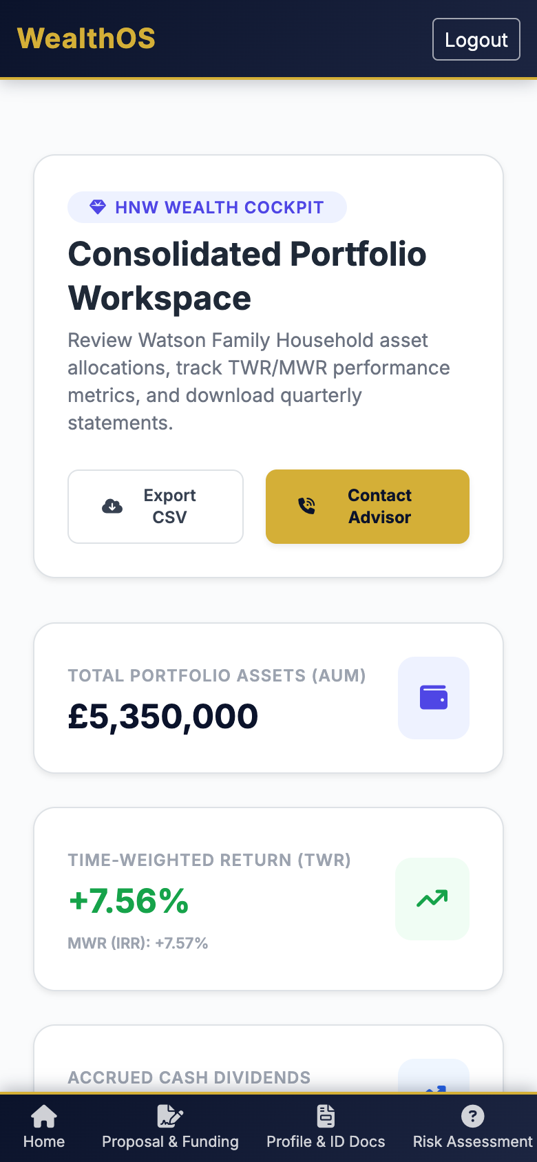 WealthOS client portfolio mobile app showing consolidated household wealth